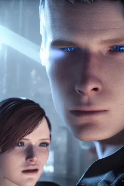 detroit become human, two people looking at each other , sci-fi fantasy style, volumetric lighting, particales,highly detailed,cinamatic, deep colours,8k.