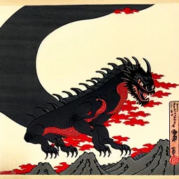 Dragon noir aux yeux rouges , hokusai