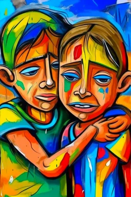 a girl hug her brother and both crying sadly, expressionism, Pixar style, in abstract art Basquiat, Picasso, Miro, Kandinsky, Klee, Birell, Fairey, Ardon, Buffet and Picasso style, HD --s 750 --v 5.1 --style raw, water color