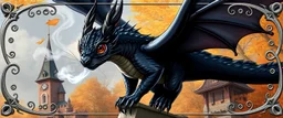 portrait of a shiny black dragon squirrel in autumn, flying above wooden castle, breathing smoke, book cover illustration, with swirly metallic 3d border