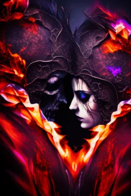 Explosive abstract image of a beautiful gothic couple in embrace, zoomed in close up, high quality