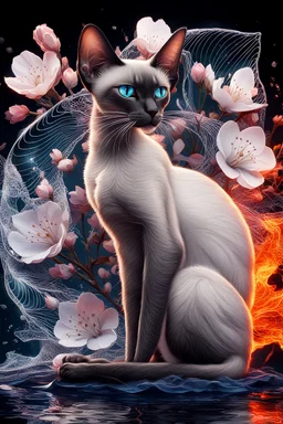 breathtaking cinematic 3D render illustration of a slender purebred Siamese cat, featuring its iconic wedge-shaped head, large ears, piercing blue eyes, and a mesmerizing smooth flat coat. The cat is surrounded by delicate apple blossom flowers and framed by intricate line art, highlighting its fine details. The composition bursts with vibrant splashes of fire and ice, seamlessly blending these elements. Dynamic water splashes add drama, and a black background accentuates the rich color palette