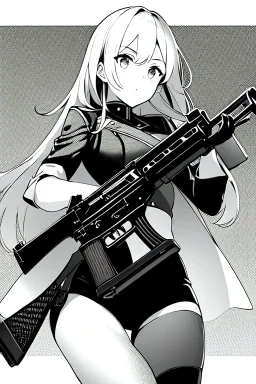 military girl takes out gun, greyscale