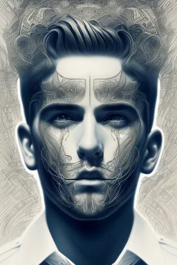 Portrait drawing of A man with deep lines on his face, staring towards the heaven, chaos, abstract