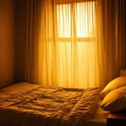 A dreamy, romantic bedroom at dawn, glowing soft yellow light through sheer curtains, peaceful and quiet atmosphere, delicate textures, floating particles of dust in the air, open window with a gentle breeze, subtle eastern-inspired decor elements, cozy and poetic, cinematic composition, ambient fantasy art, no people