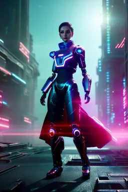 Futuristic cyborg, portrait from waist up, intricate eyeliner, vibrant eyeshadow, clear completion, soft lighting, 4k resolution, intricate details, insanely detailed, colorful cityscape background, masterpiece, expert, cinematic smooth, retroanime style, realistic details, no helmet, pastel hair color