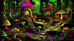 This is a digital rendering of a fairy village in a forest. The houses are made in tree stumps with a doors and windows. The houses are surrounded by colorful flowers and mushrooms. The flowers and mushrooms are glowing with a soft light. The background is a dark forest with trees and moss. The overall mood of the image is magical and whimsical. 16k. #74AE9D