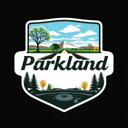 design for a shop that does oil changes, top has elements of beautiful park highway drive on flat land with elm and poplar trees, bottom shows the engine under car hood. on windshield is written "Parkland", all inside a shield shape with squared top and rounded bottom, in the style of national parks stickers