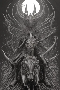 sauron on horse by h r Giger, Tim burton, junji ito, dystopian surrealism, dark horror fantasy, hdr, artstation intricate details, demonic, dark art, dark noir, neoclassical gothic horror