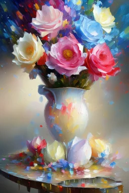 Thick palette knife painting, oil on canvas, hard brush stroke, paint drifts, paint splatters. Flower