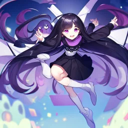 Clear focus,High resolution, Black long straight hair, and purple eyes, wearing a skirt,with stocking, with long boots on, Happy, Jumping