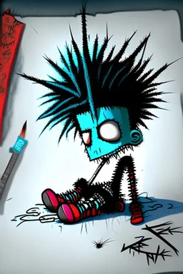 2d drawing of a stickman, cool with punk hair, x eyes like in hangman, laying down flat on somach, 3d realistic in colour