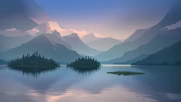 Stylized image of a forest, near a serene lake and mountains in the background at sunrise