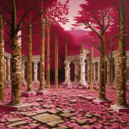 A magenta crumbling forest designed in ancient Greek mosaics painted by Edward Hicks