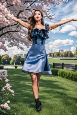 fullbody girl makeup wearing a victorian short dress walking in moder city of 2040 park ,flowers ,pretty clouds in blue sky,city escape.