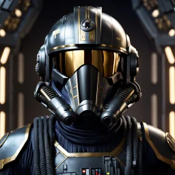 star wars bald male corellian pilot wearing gunmetal grey and black First Order TIE pilot armored flightsuit and helmet with gold trim inside the jedi temple, centered head and shoulders portrait, hyperdetailed, dynamic lighting, hyperdetailed background, 8k resolution, volumetric lighting, light skin, fully symmetric details