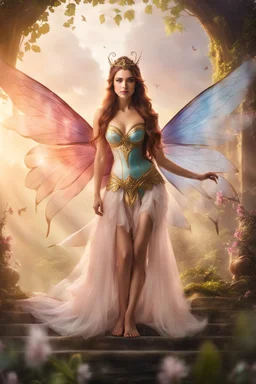 Half body Gorgeous Photography Beautiful Lady fairy with wings straddle,background wonderland, panoramic shot ,portrait, epic fantasy