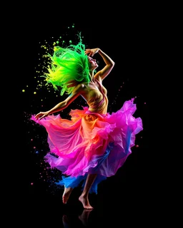 vibrant colors, black background, 8k resolution, dancer made paint splashed 3D effect