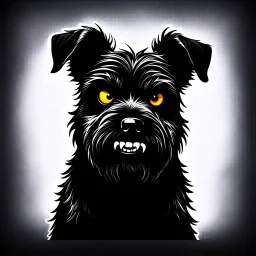 an angry scruffy black terrier on black background, yellow eyes, defined teeth, vector illustration