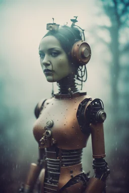 steampunk, vintage analog polaroid of a woman robot, female body, fog, lomography, heavy film grain, rain, color bleed, depth of field, bokeh, retro