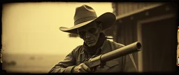 STYLE: gritty 19th-century gothic photography, surrealism.Titian, Rembrandt tactile analog grain, pinhole-camera softness, heavy vignetting, scratched emulsion, rugged irregular photo border. SCENE: alien cowboy, completely absorbed in the mundane task.