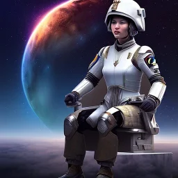 centered portrait of small female soldier sitting on throne, wearing no helmet, by a starship window with a view to the milky way, hi detail, movie poster