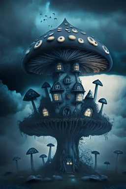 3D vintage style whimsigothic with magic mushrooms under a dark stormy sky