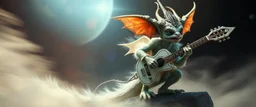 dragon gremlin, fog weightless,high speed blur, fluffy as hell illithid high priest gremlin guitar acoustic banger, instrumental, celtic, georgian, gypsy jazz, back on track portrait of space captain gnome lich, , priest psycho, in cockpit, celtic knot hollow tube transparent core ornate indented space ship, shiny bright mega ship flourescent white blue like bubble gum with a few big windows and decks, interdimensional twister, rock against colored spaced fog, space interior. split tail,