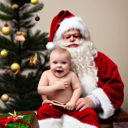 sepia, toddler, not smiling, Christmas tree, dystopian, Santa with cone shaped hat, presents, Easter bunny