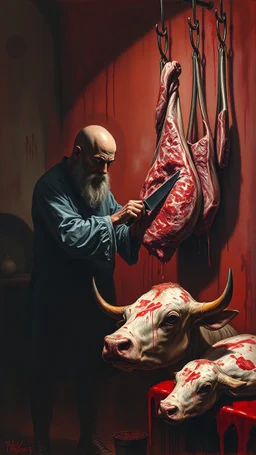 Bosch style painting , A shadow of a spirit inside a bloody butcher store , the butcher is cutting a big cow meat hanging with hooks with details on red bloody background of a meat store , blood is everywhere on the wall and his clothes, a head of the cow is on the table