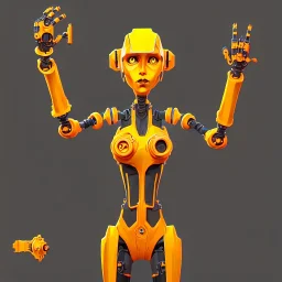 yellow orange robot with caution stripe details, two clamp vice arm tools as hands