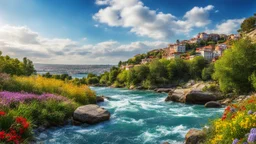 desktop wallpaper ,Turkey istanbul ,country side wavy rocky river ,wild flowers,blue sky nice clouds,