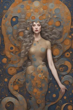 high quality, highly detailed, In this imagined masterpiece, a mythical creature, inspired by Klimt's opulent patterns and Varo's fantastical narratives, stands beside a captivating woman, reminiscent of the elegant figures in Klimt's iconic works, The creature takes form with intricate patterns influenced by Klimt, its body adorned with swirling silvery details that echo the artist's decorative brilliance, Varo's whimsical touch introduces surreal elements, allowing the creature to embody a dre