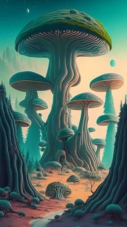 alien landscape with trees and mushrooms