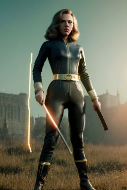 retro portrait image from 1960, Moscow background, wind, long hair, fighting stance, sweet young Scarlett Johansson, classic black tight lycra suit, metal stick weapon, gold bracelet and belt, high heel boots, soft color, highly detailed, unreal engine 5, ray tracing, RTX, lumen lighting, ultra detail, volumetric lighting, 3d, finely drawn, high definition, high resolution.