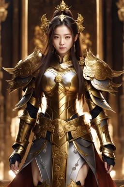 Half body Photography,very beautiful Chinese Girl,full body,looking front view,brown long hair, mechanical,delicate gold,silver metalic parts, golden parts, intricate armor, detailed part,Movie Still