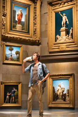 Show David in a role reversal situation, such as him being a tourist admiring other famous artworks or statues in a museum, with a guidebook in hand.