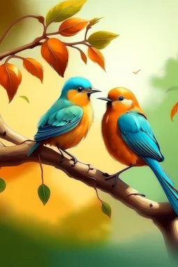 generate an image of couple bird sitting on the branch of tree with real views