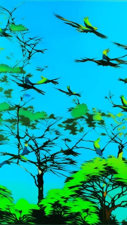 Cerulean treetops with birds painted by Andy Warhol