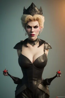 Hannah Waddingham as evil queen in black leather, busty, cleavage, volouptous, rebecca Welton, angry, stern look. character design by cory loftis, fenghua zhong, ryohei hase, ismail inceoglu and ruan jia. unreal engine 5, artistic lighting, highly detailed, photorealistic, fantasy