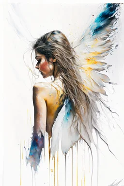 A detailed illustration of a beautiful young female human with growing out of her back. Her skin, hair and face are all made of paint. Her wings are spread. Front view. Highly detailed flawless facial features and eyes. Abstract Oil painting splash art. White background, wide angle, abstract design, beautiful, thick flowing paint strokes, dripping paint, fantasy art, modern art, ((soft happy complimentary colors,)) modern aesthetic, focused on the character, 4K resolution.