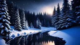 christmas time,photo of a snowy fir forest,christmas magic, midnight hour,,reflections,8k, volumetric lighting, Dramatic scene