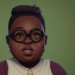 Portrait of a little fat 9 year old African witch with bushy hair and glasses and green eyes by Nick Harris