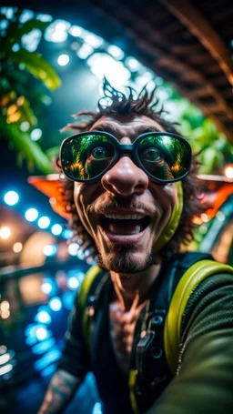 portrait of fisheye selfie by hairy pimp rocker alien giant gremlin on bridge over water slide dancing in dark lit reflective wet jungle hall tunnel,bokeh like f/0.8, tilt-shift lens 8k, high detail, smooth render, down-light, unreal engine, prize winning