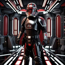 star wars bald male corellian pilot wearing pearlescent black and gunmetal grey First Order special forces heavy assault stealth commando armor and helmet with gold and red trim inside the jedi temple, hyperdetailed, dynamic lighting, hyperdetailed background, 8k resolution, volumetric lighting, light skin, fully symmetric details