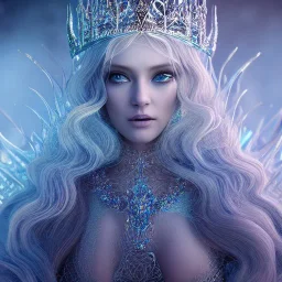 portrait of the most incredible, stunning, beautiful ice queen goddess, intricate crystal ice crown, iridescent gown, 8k resolution, high-quality, fine-detail, elaborate, digital art, detailed matte, volumetric lighting, beautiful, illustration, 3D octane render, brian froud, howard lyon, selina french, anna dittmann, annie stokes, lisa parker, greg rutowski,