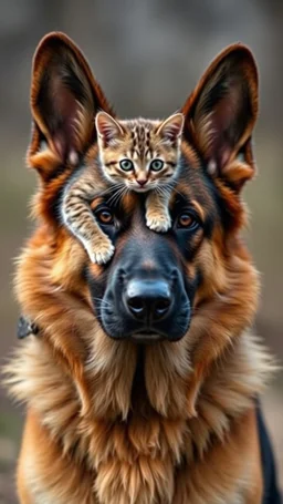 A German shepherd with a cat on his back
