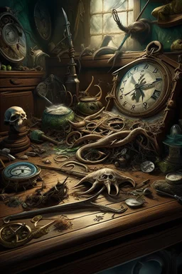 Bosch nightmares painting style Title: treasure ,knives’ ,spiders , an old clock, pirate’s guns, human bones, "snakes, intricate insanely , scorpions ,detailed octane render trending on artstation, 8k artistic photography, photorealistic concept art, soft natural volumetric cinematic perfect light, chiaroscuro, award-winning photograph, masterpiece, oil on canvas, Raphael, Caravaggio, Greg Rutkowski, people, beksinski, Giger