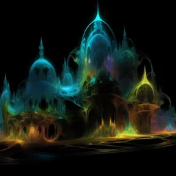 A mesmerizing and ethereal hologram transparent glass fantasy village The translucent fire within the fractal glows with a captivating luminosity, its intricate patterns performing a mesmerizing dance of recursion. The radiant glow casts an otherworldly aura upon the sleek black neon surface, creating an enchanting and surreal visual spectacle.