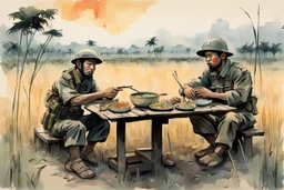 a Viet-kong guerilla and an American soldier sitting at a small wooden table at dawn in the middle of a rice field and eating a big bowl of Pho soup, thier AK-47 and M16 are put aside, watercolor and ink, tint bleed, pastel colors of drab, beige, green, black, yellow and orange
